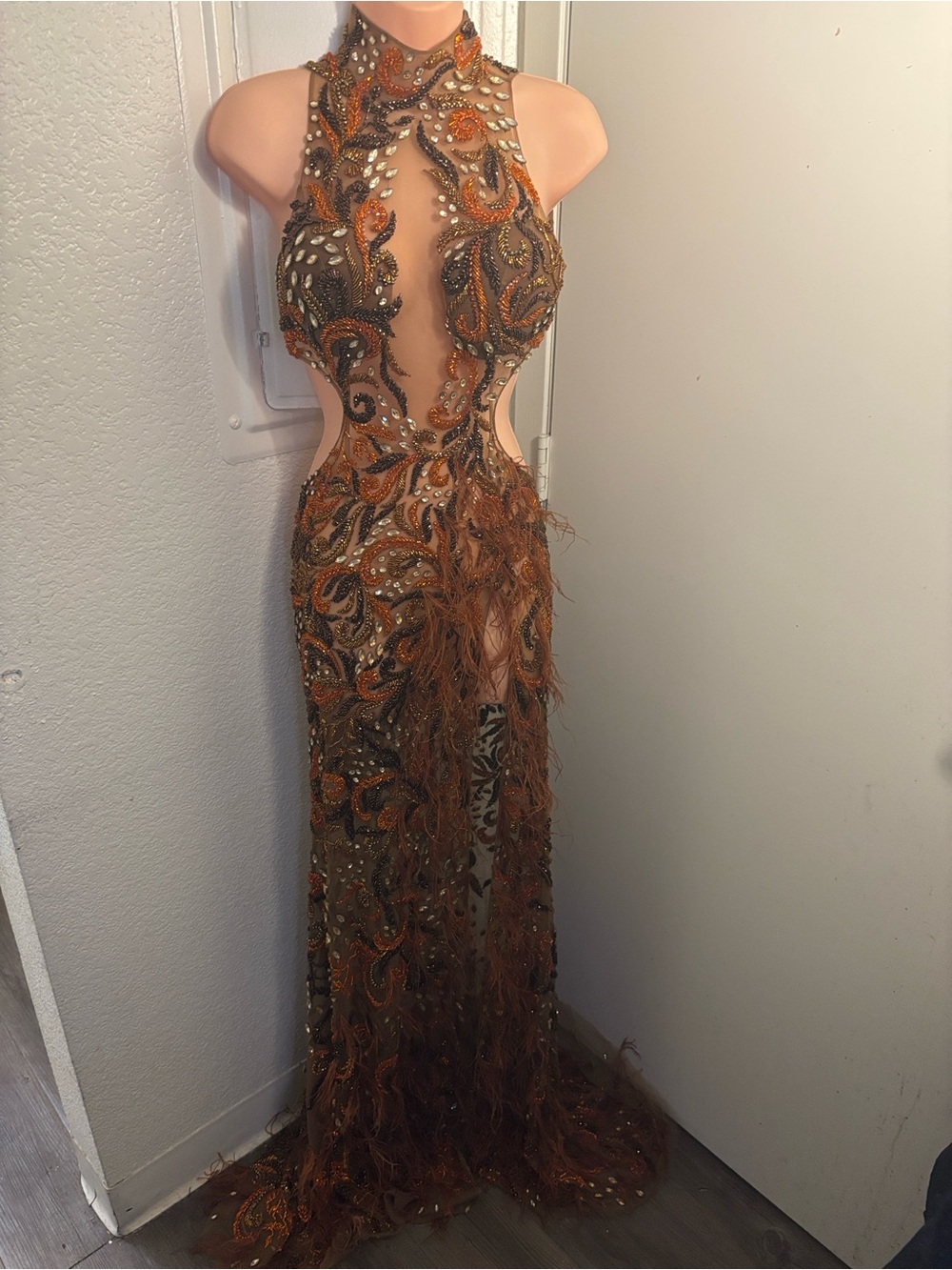 Embellished High-Neck Cutout Evening Gown in Bronze Orange